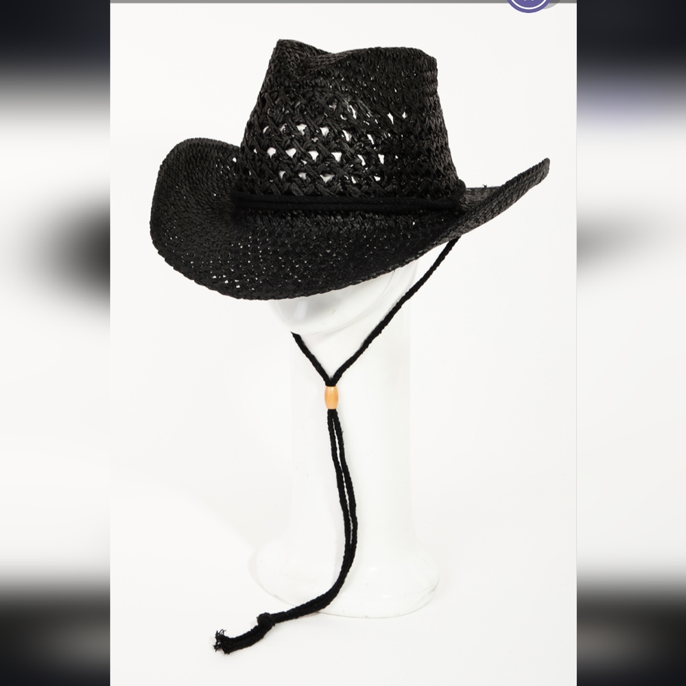 Straw braided cowboy hat natural beige black chin strap stampede strings…